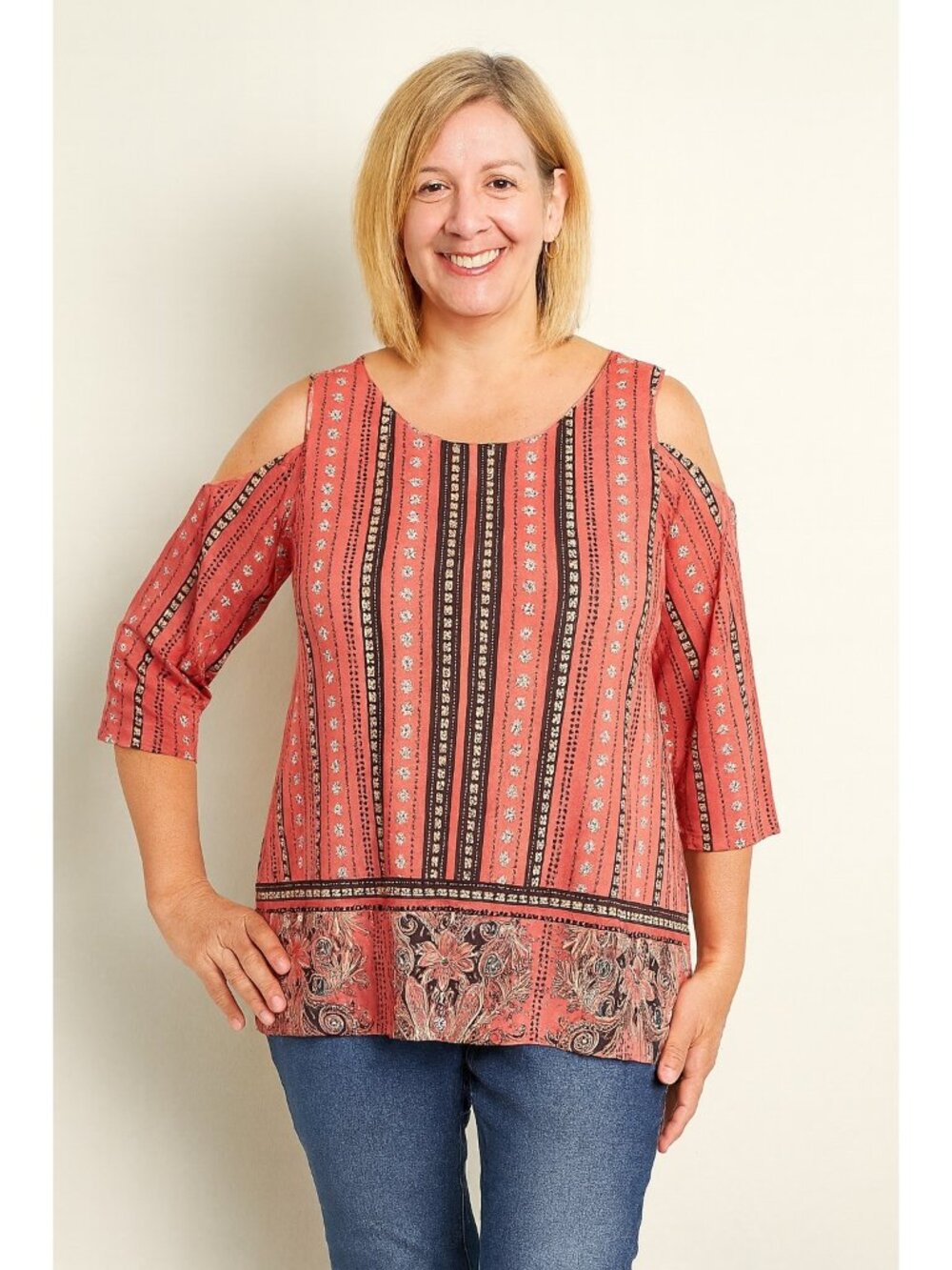 JM Collection Blouse Medium Coral Boho Paisley Cold Shoulder Crepe 3/4 Sleeves